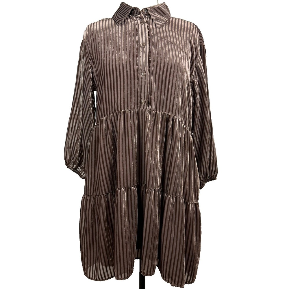Maeve Bettina Tiered Mini Dress Women M Brown Metallic Stripe Boho Shimmer Flowy